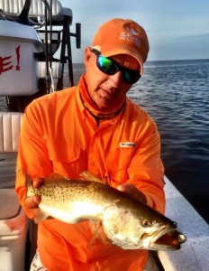I took Kayak Fish editor Jerry McBride out on a real boat and we found some nice trout, including this beauty. 
