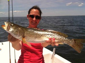 Nicole Agnew on her first trout trip landed this gator trout