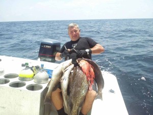 Chris Folsom, Eric Wood and their crew found these giant grouper and hog snapper spearfishing in 50 feet. 