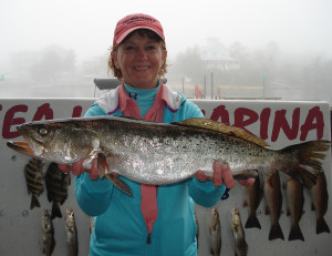 Sheila Rees with a giant trout at the Sea Hag: 6.72 pounds!