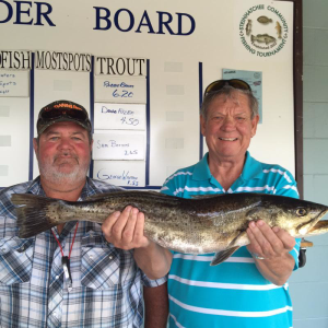 Don Campbell and Robbie Brooks with the winning 6.2 pound trout in the Steinhatchee Community Tournament. 
