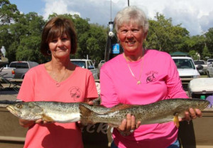 Pam Henry and Sue Holzschuler with two good trout. Pam’s won the trout division in the Nauti-Girls tournament. 