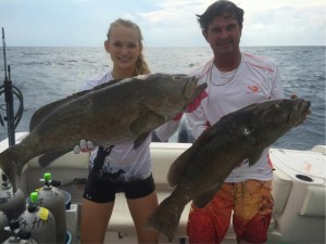 Spearfishing can result in some fantastic results…Chaeli and Charlie Norwood with some beautiful gag grouper. 