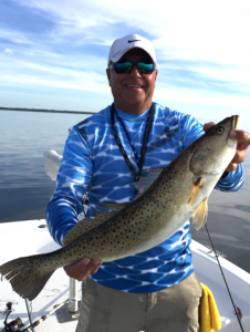 Steinhatchee master Max Leatherwood with a true gator trout, which he released. 