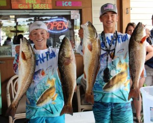Mabry Stewart and Chase Norwood with the first and third place redfish at the Rescues event. 