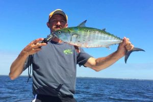 Daniel Colwell from Murphy, NC came all the way down to find this bonito crashing bait pods. 