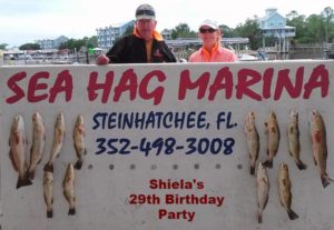 Sea Hag regulars and airboat masters Bill and Shiela Rees celebrated her birthday with this beautiful limit of trout and redfish. 